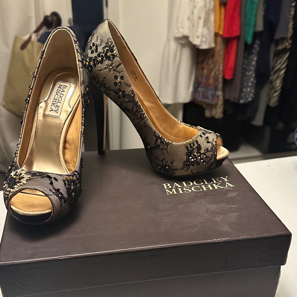 Badgley Mischka Black and Gold Embellished Heels